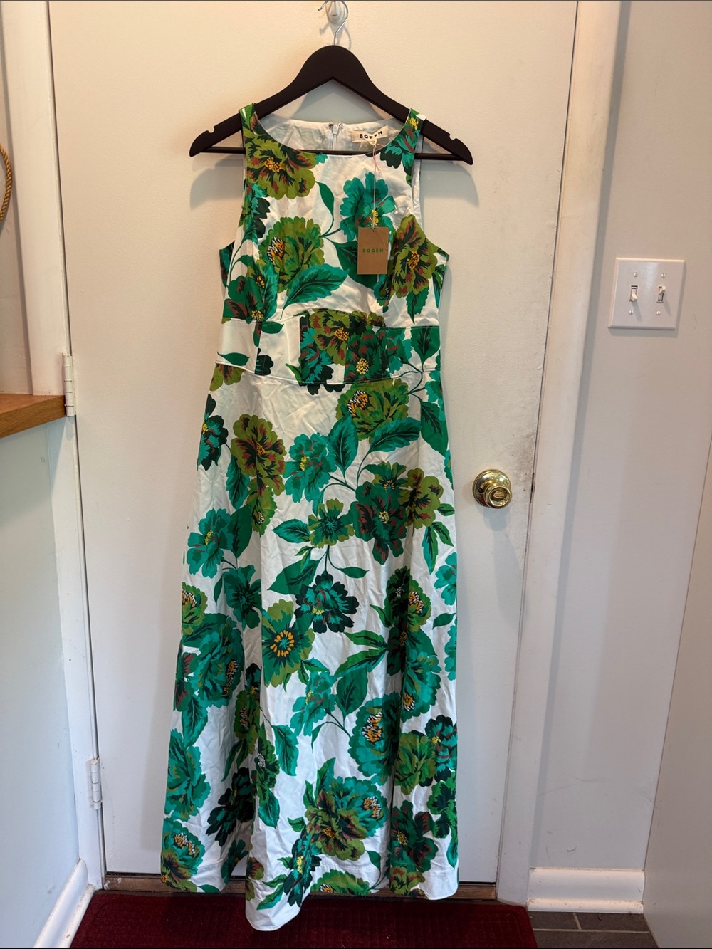Boden Green Floral Maxi Dress in White Base